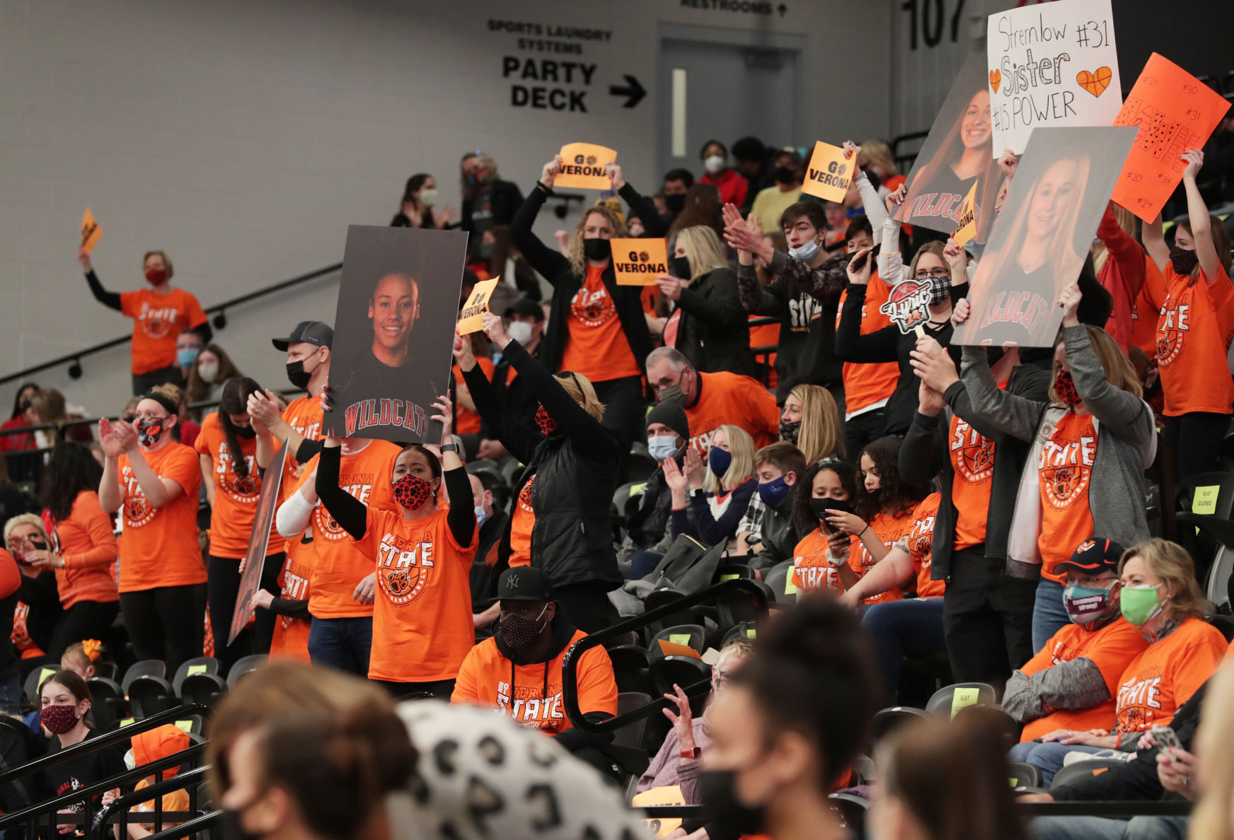 WIAA state girls basketball photo: Verona fans fill the stands at Menominee Nation Arena in Oshkosh